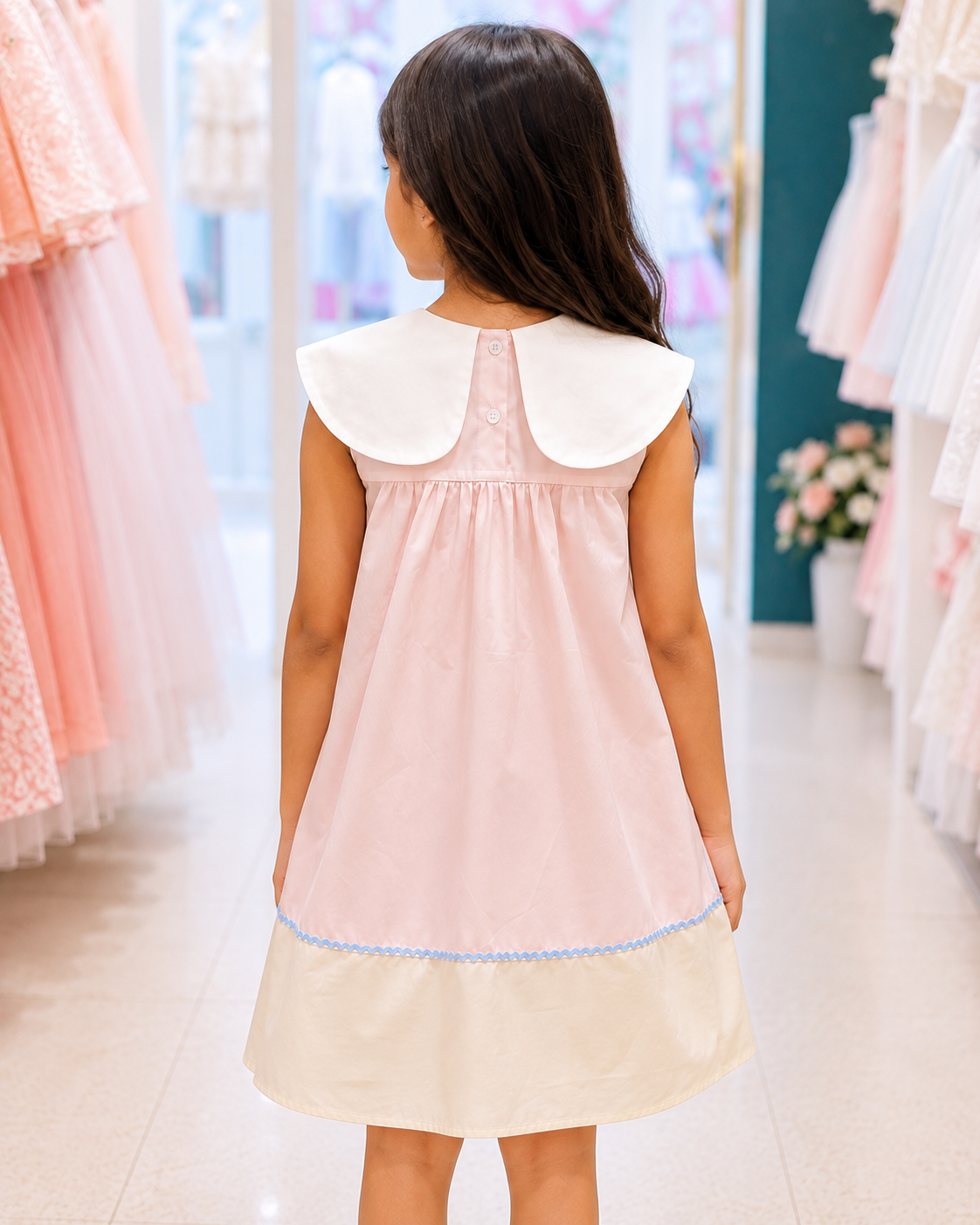 Girls Premium Cotton Pink A-Line Dress with Peter Pan Collar & Embroidery