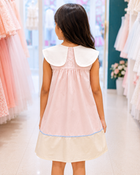 Girls Premium Cotton Pink A-Line Dress with Peter Pan Collar & Embroidery