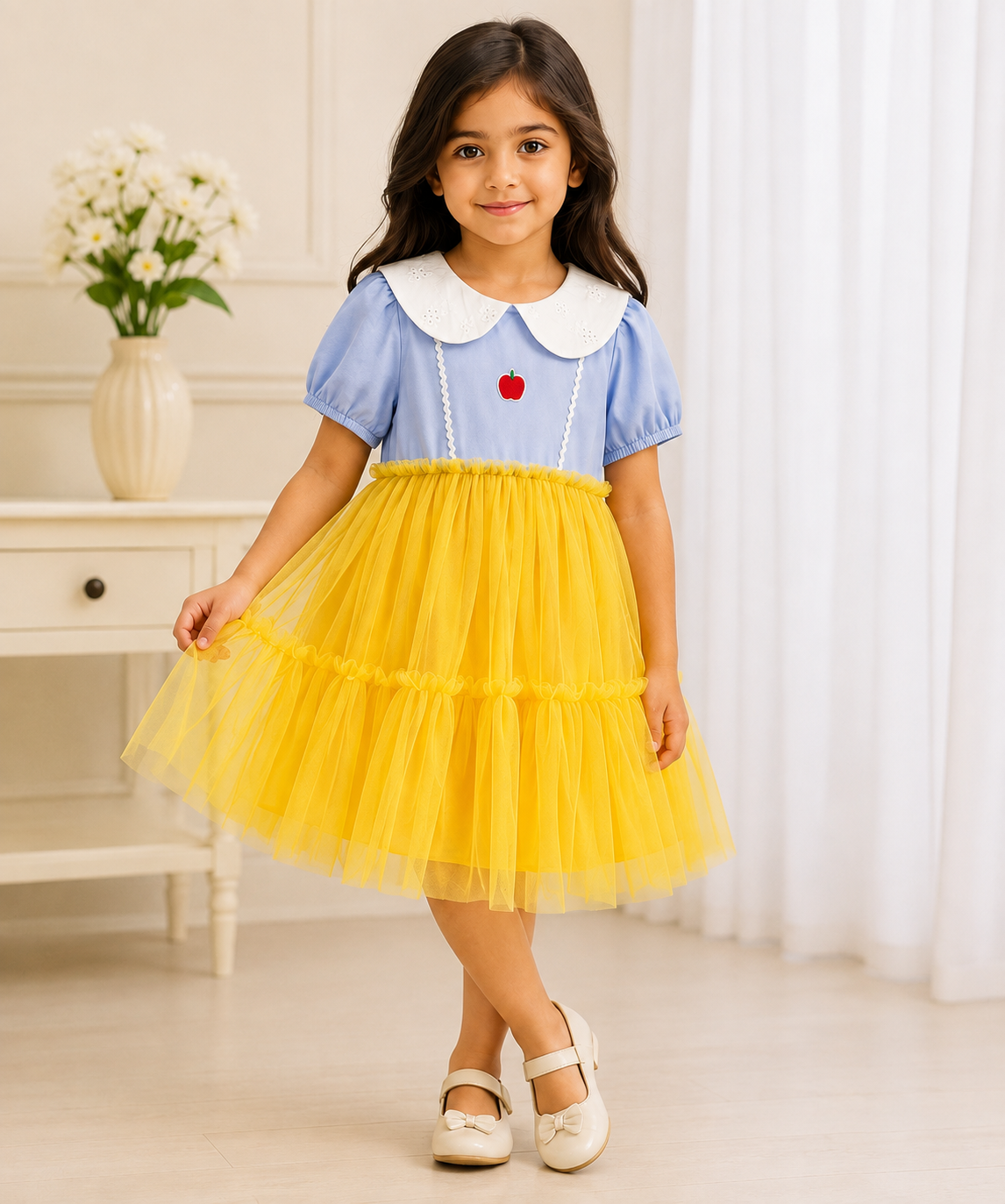 Girls Premium Cotton & Soft Net Tiered Dress with Apple Embroidery