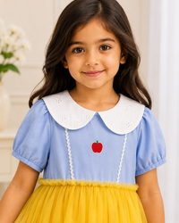 Girls Premium Cotton & Soft Net Tiered Dress with Apple Embroidery