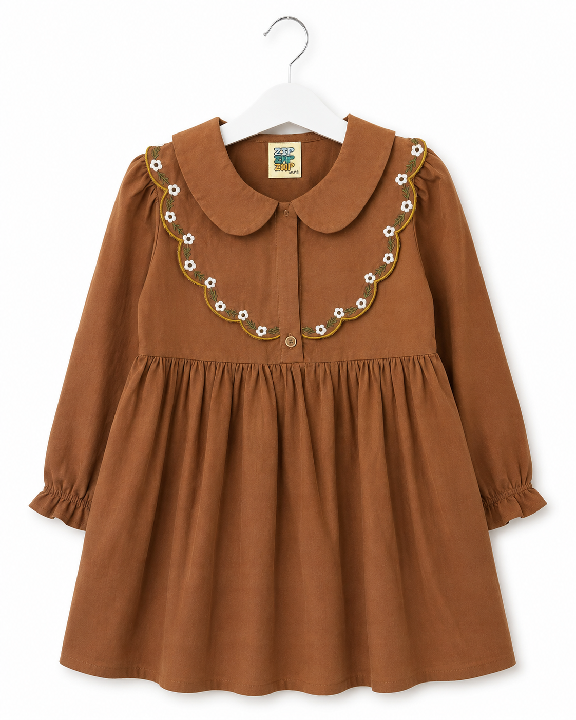 Girls Brown Cotton Embroidered Peter Pan Collar Dress