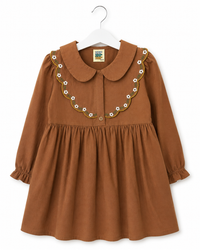 Girls Brown Cotton Embroidered Peter Pan Collar Dress