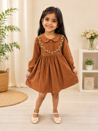 Girls Brown Cotton Embroidered Peter Pan Collar Dress