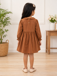 Girls Brown Cotton Embroidered Peter Pan Collar Dress