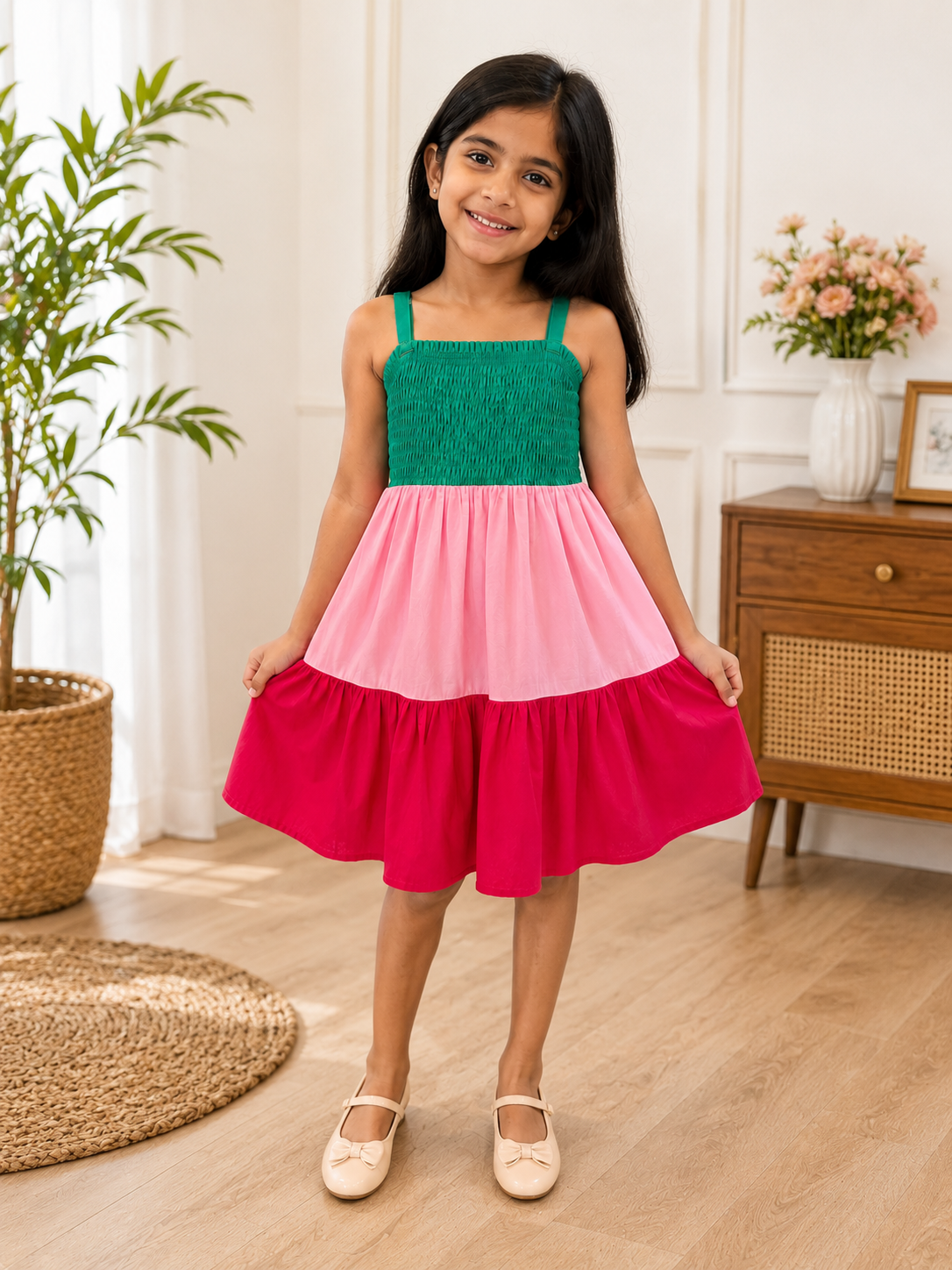 Girls Multicolor Smocked Cotton Tiered Dress