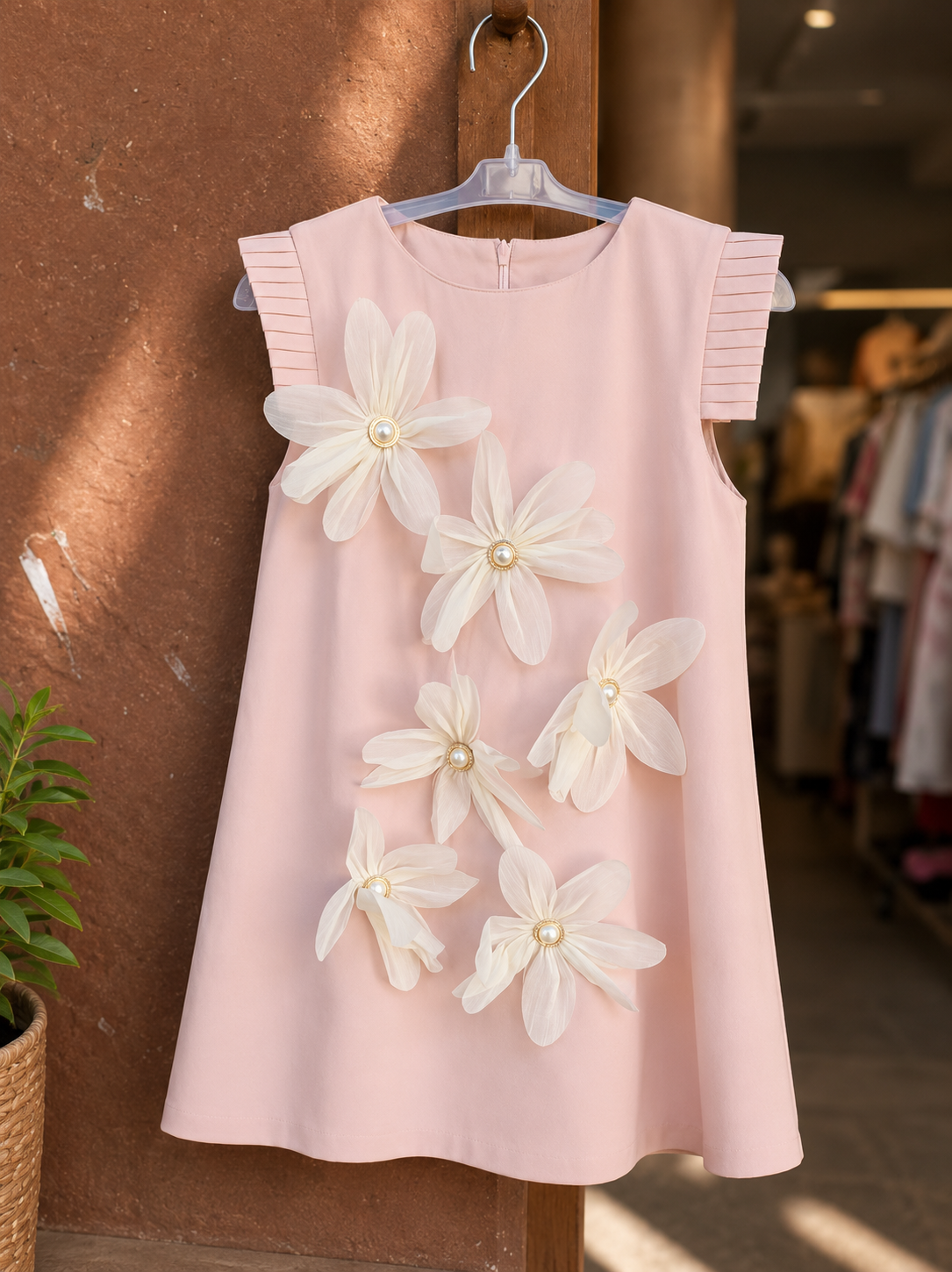 Girls Soft Pink A-Line Dress with Pearl Floral Embellishments