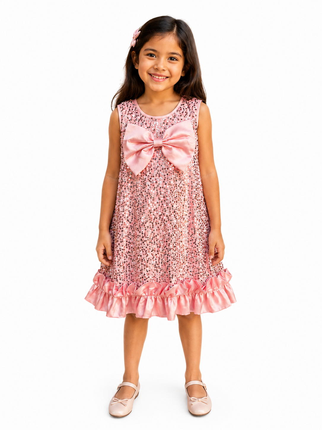 Girls Blush Pink Sequin Bow Party Dress