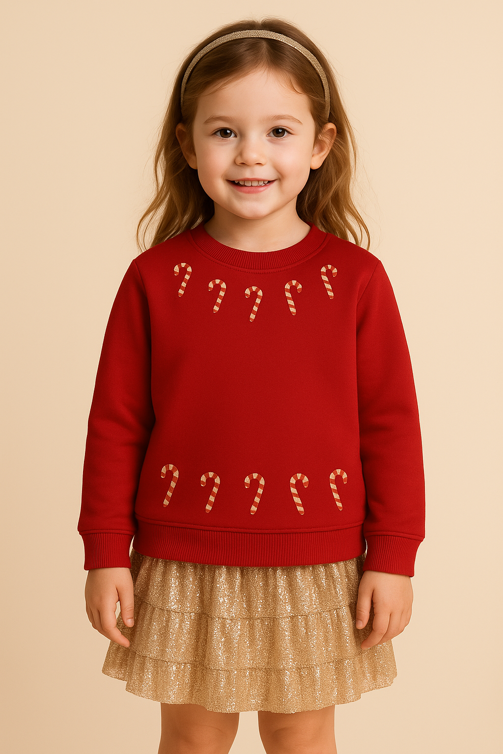 Red Christmas Candy Print Sweatshirt with Golden Embellished Skirt