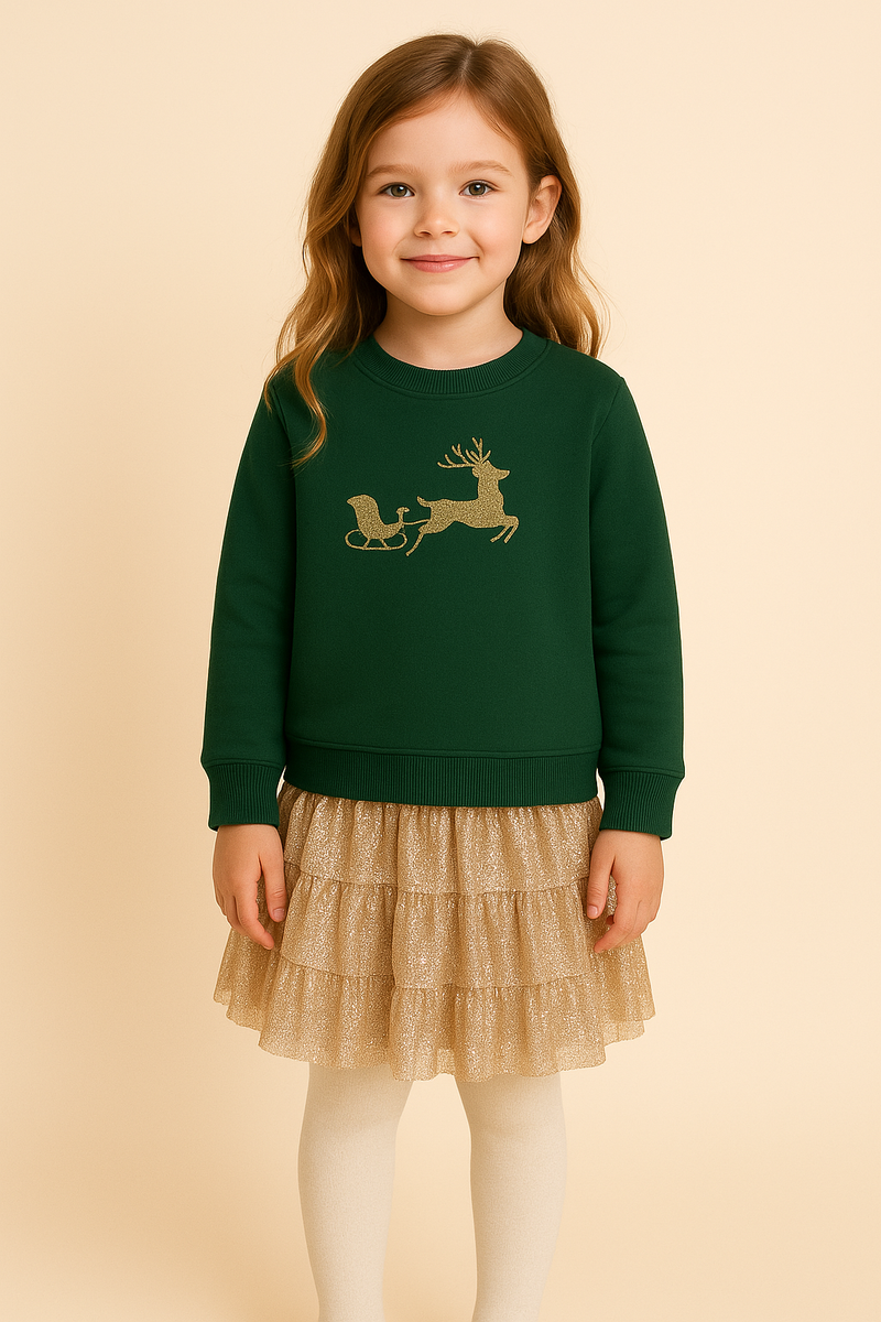 Green Christmas Reindeer Embroidered Sweatshirt with Golden Sequined Skirt