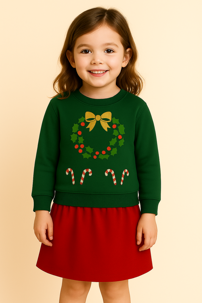 Green Christmas Candy Wreath Print Sweatshirt with Red Embellished Skirt