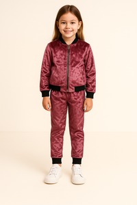 Girls Velvet Pink Jacket and Pant with Black Ribbed Borders