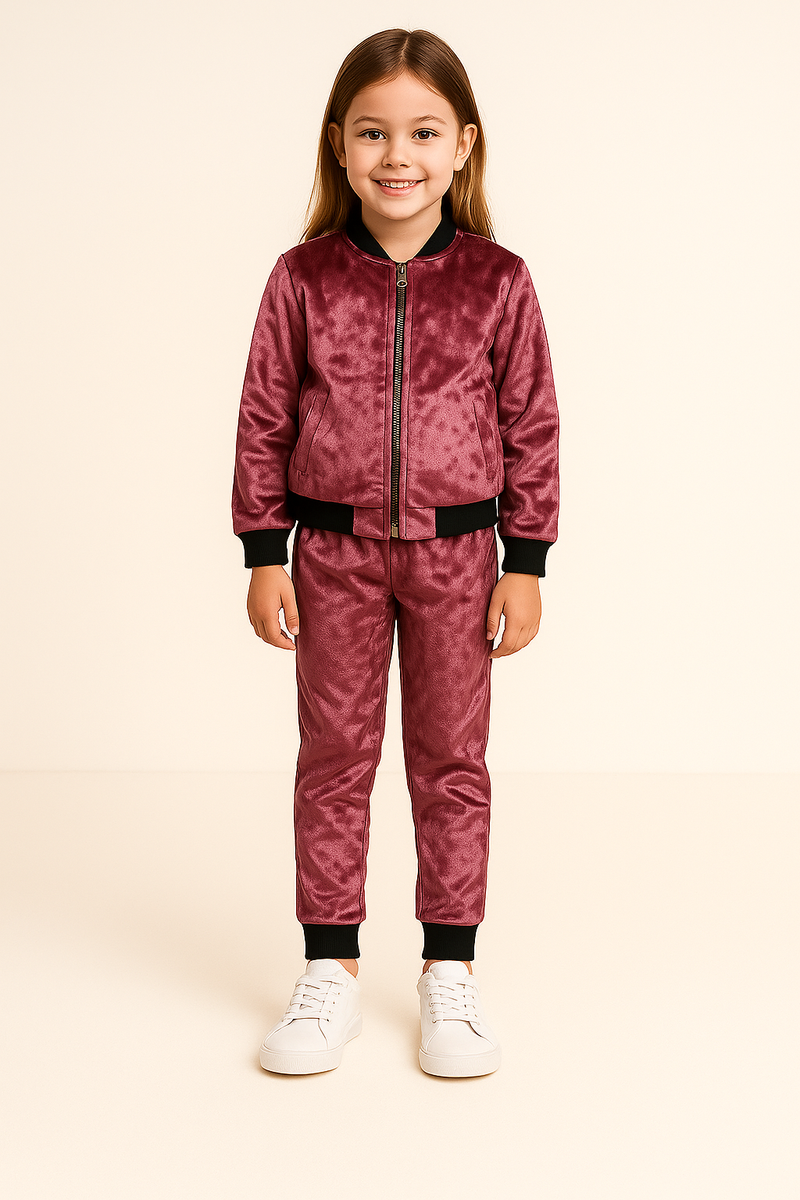 Girls Velvet Pink Jacket and Pant with Black Ribbed Borders