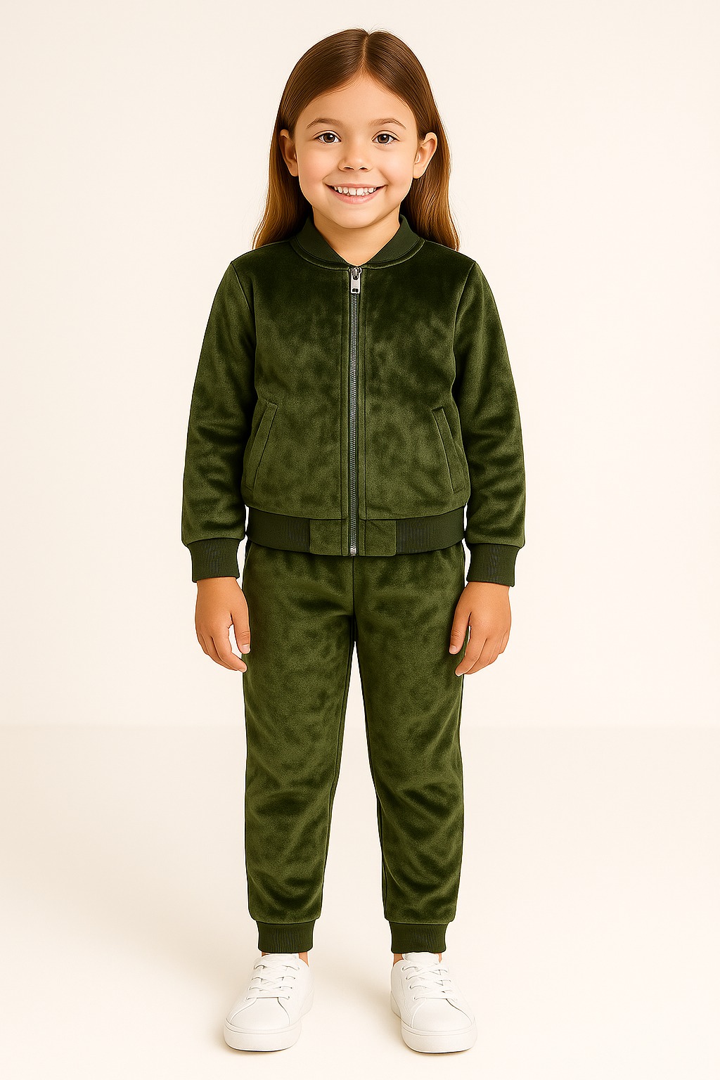 Girls Velvet Green Jacket and Pant with Ribbed Borders