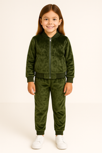 Girls Velvet Green Jacket and Pant with Ribbed Borders