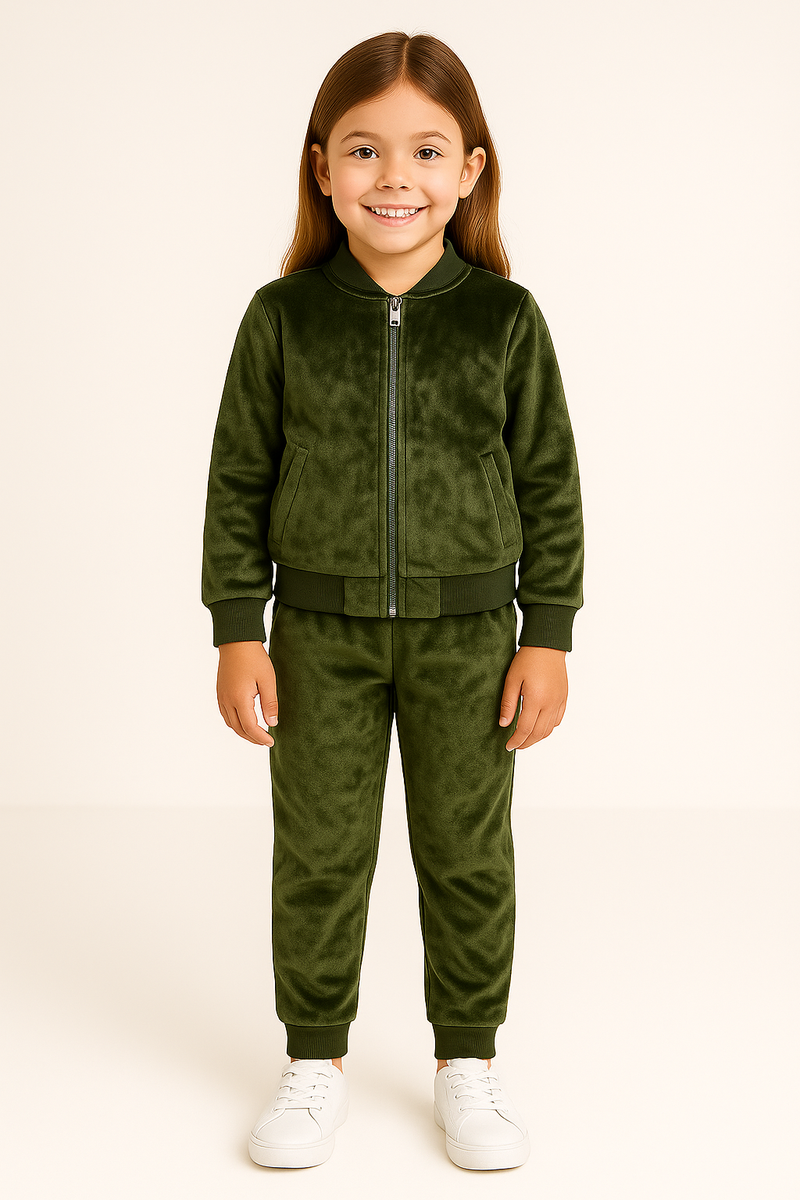 Girls Velvet Green Jacket and Pant with Ribbed Borders