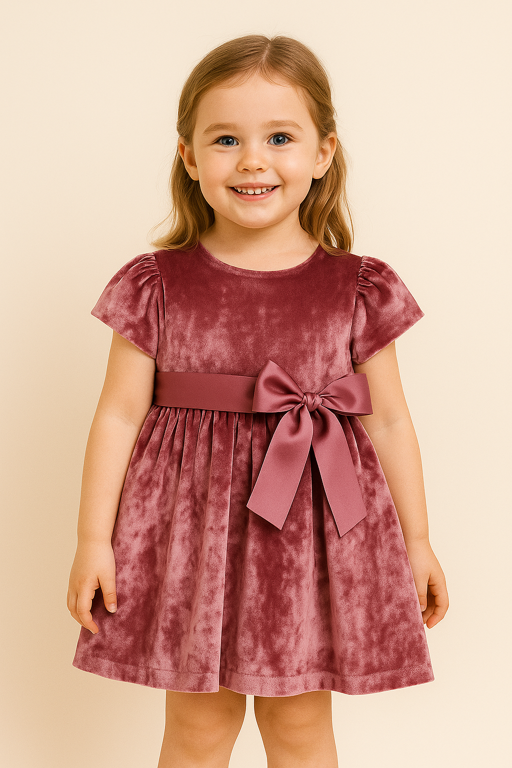 Girls Festive Pink Velvet Dress with Bow Detail