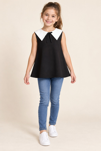 ZIP ZAP ZOOP Girls Black Sleeveless A-Line Top with White Statement Collar and Bow Detail
