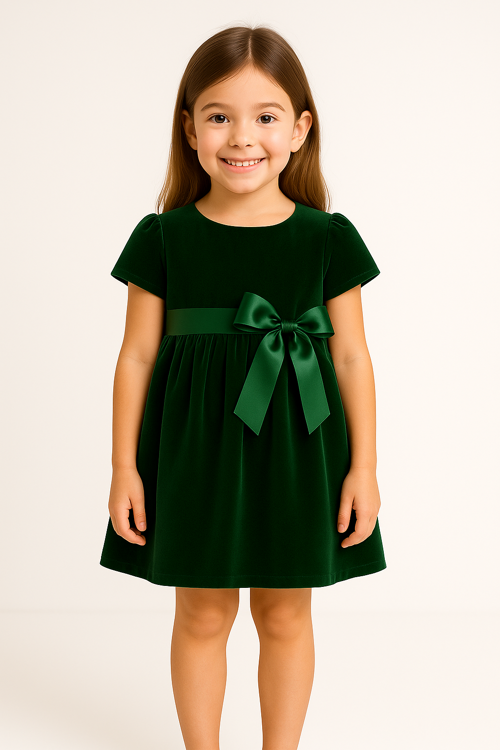 Girls Festive Green Velvet Dress with Bow Detail