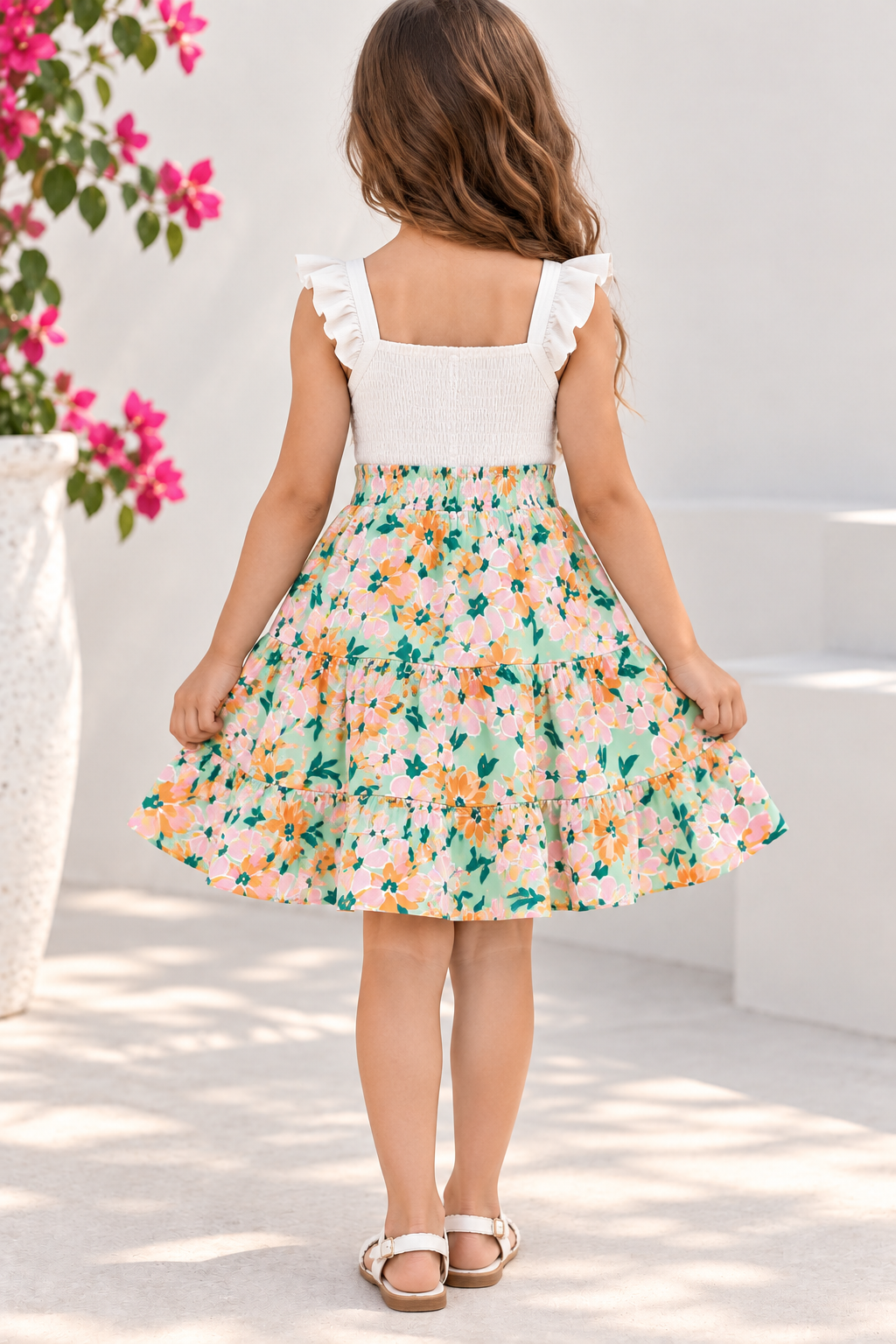 ZIP ZAP ZOOP Girls Mint Green Floral Print Smocked Tiered Dress with Ruffle Sleeves