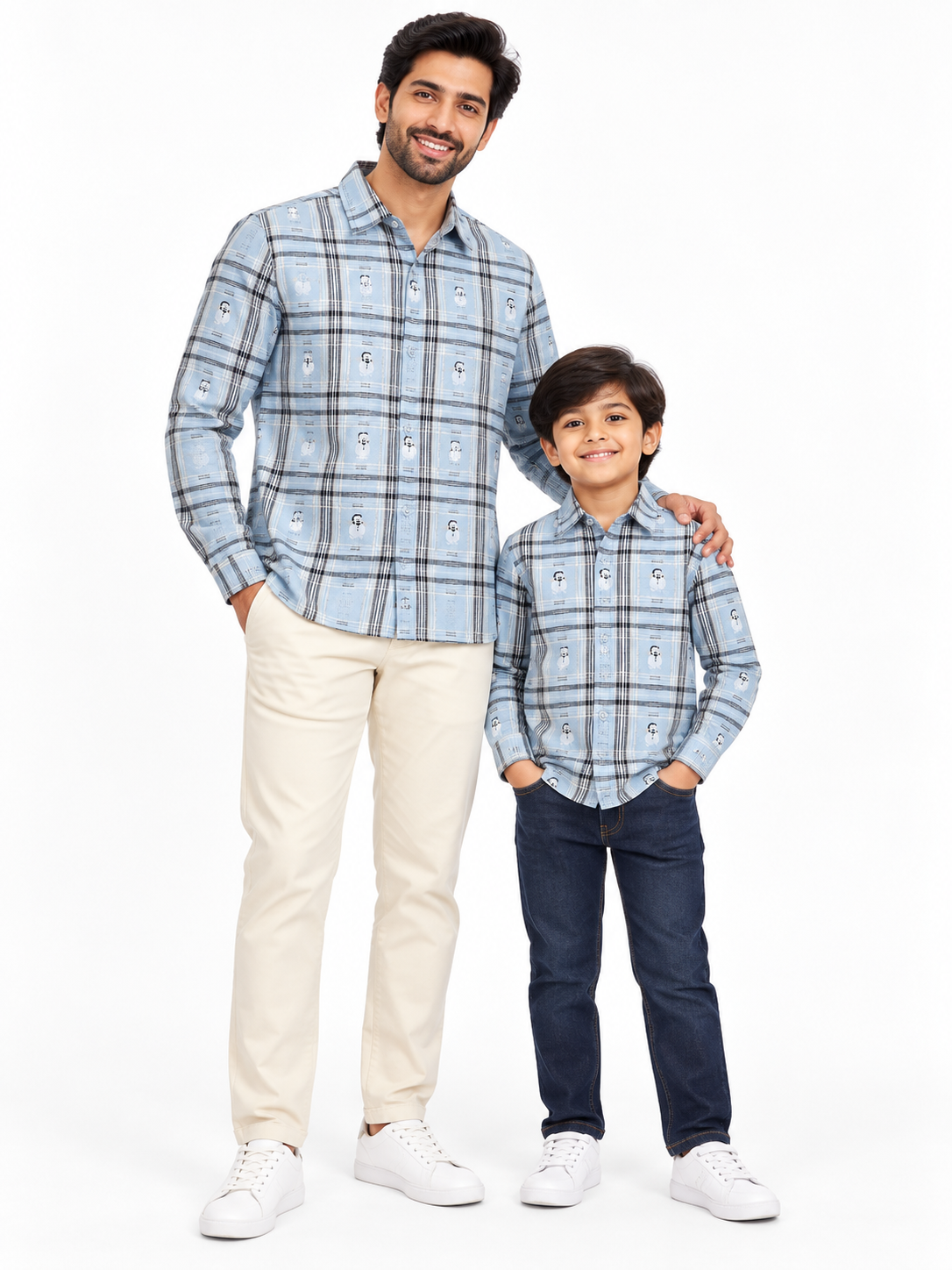 ZIP ZAP ZOOP Father & Son Light Blue Checked Full Sleeve Shirts with Cute Character Print – Matching Twinning Collection