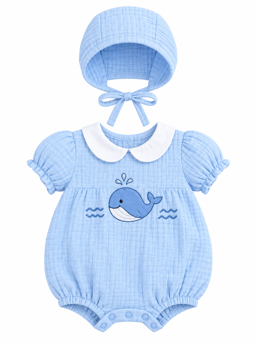 ZIP ZAP ZOOP Baby Double Cloth Embroidered Bubble Romper with Matching Bonnet Blue Whale