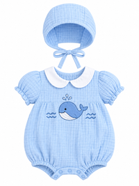 ZIP ZAP ZOOP Baby Double Cloth Embroidered Bubble Romper with Matching Bonnet Blue Whale