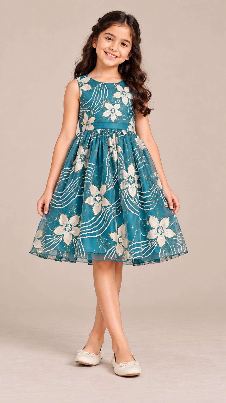 ZIP ZAP ZOOP Girls Teal Blue Floral Sleeveless Fit & Flare Festive Dress