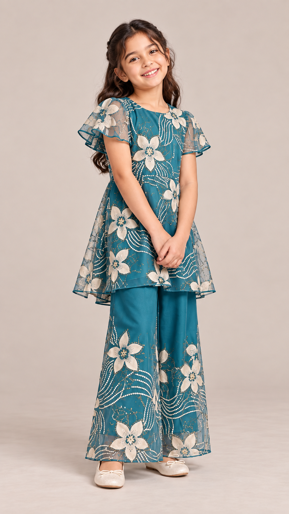 ZIP ZAP ZOOP Girls Teal Blue Floral Flutter Sleeve Kurta & Palazzo Festive Set