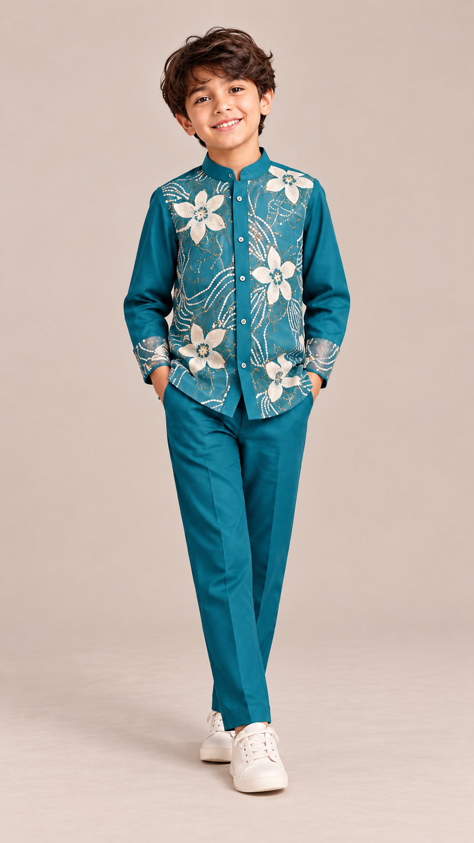 ZIP ZAP ZOOP Boys Teal Blue Floral Mandarin Collar Shirt & Trouser Festive Set