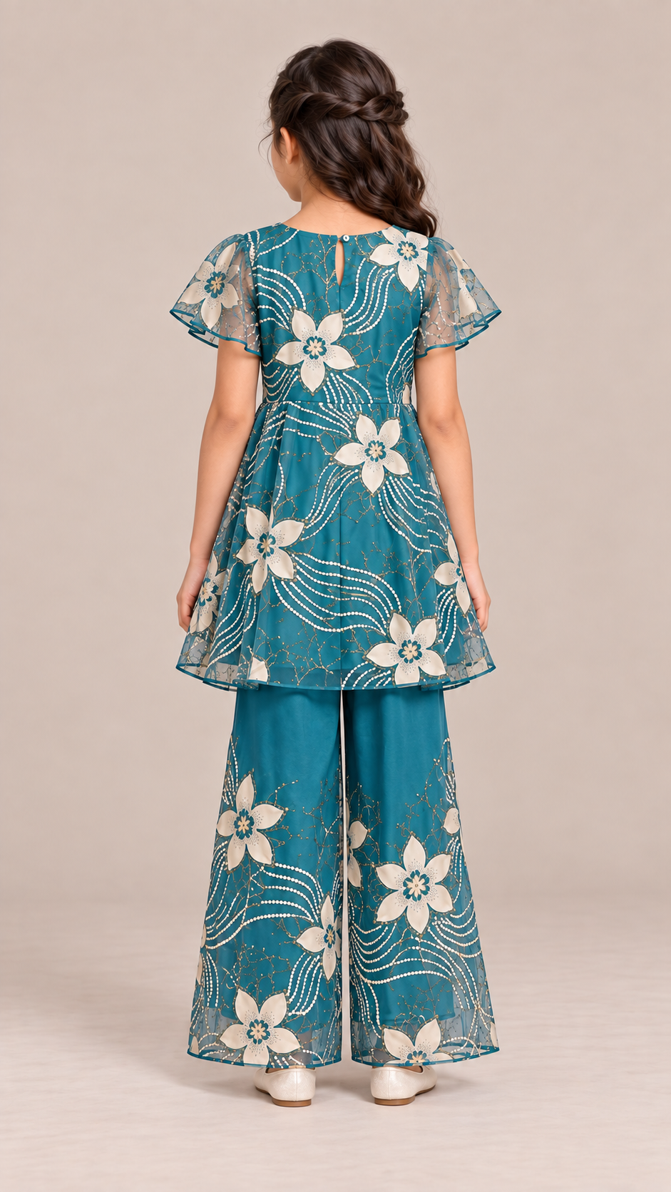 ZIP ZAP ZOOP Girls Teal Blue Floral Flutter Sleeve Kurta & Palazzo Festive Set