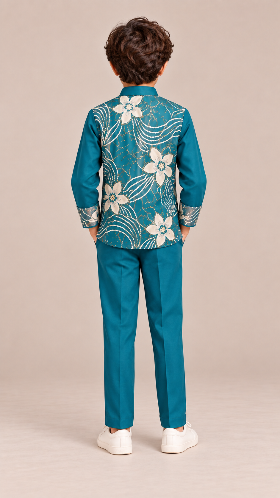 ZIP ZAP ZOOP Boys Teal Blue Floral Mandarin Collar Shirt & Trouser Festive Set