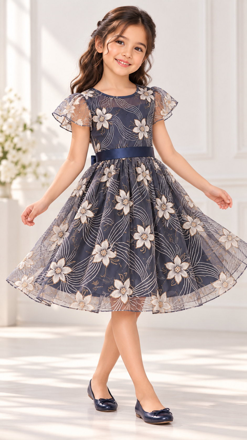 ZIP ZAP ZOOP Girls Navy Blue Floral Flutter Sleeve Fit & Flare Festive Dress