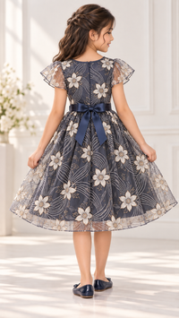ZIP ZAP ZOOP Girls Navy Blue Floral Flutter Sleeve Fit & Flare Festive Dress
