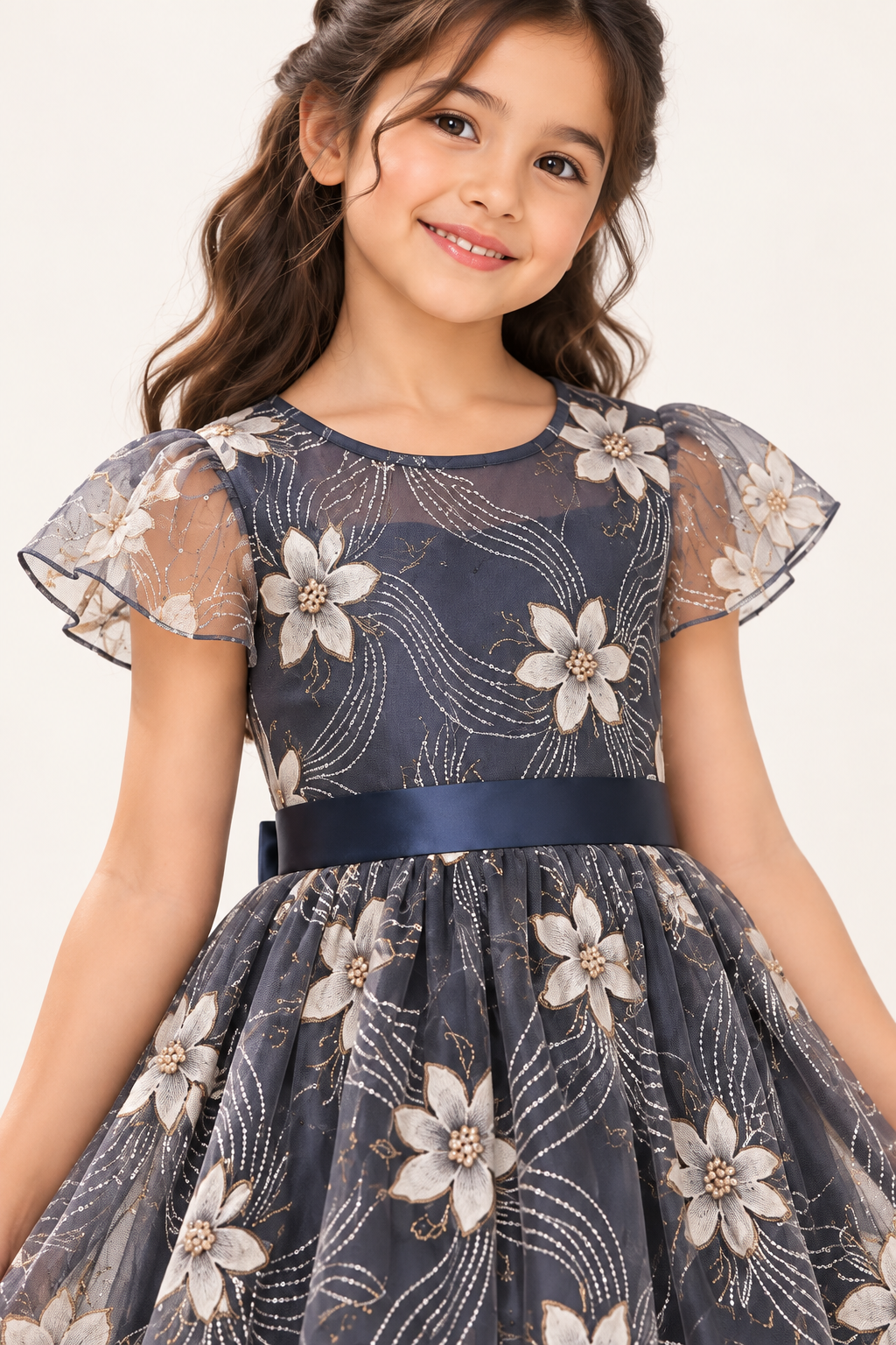 ZIP ZAP ZOOP Girls Navy Blue Floral Flutter Sleeve Fit & Flare Festive Dress