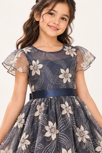 ZIP ZAP ZOOP Girls Navy Blue Floral Flutter Sleeve Fit & Flare Festive Dress