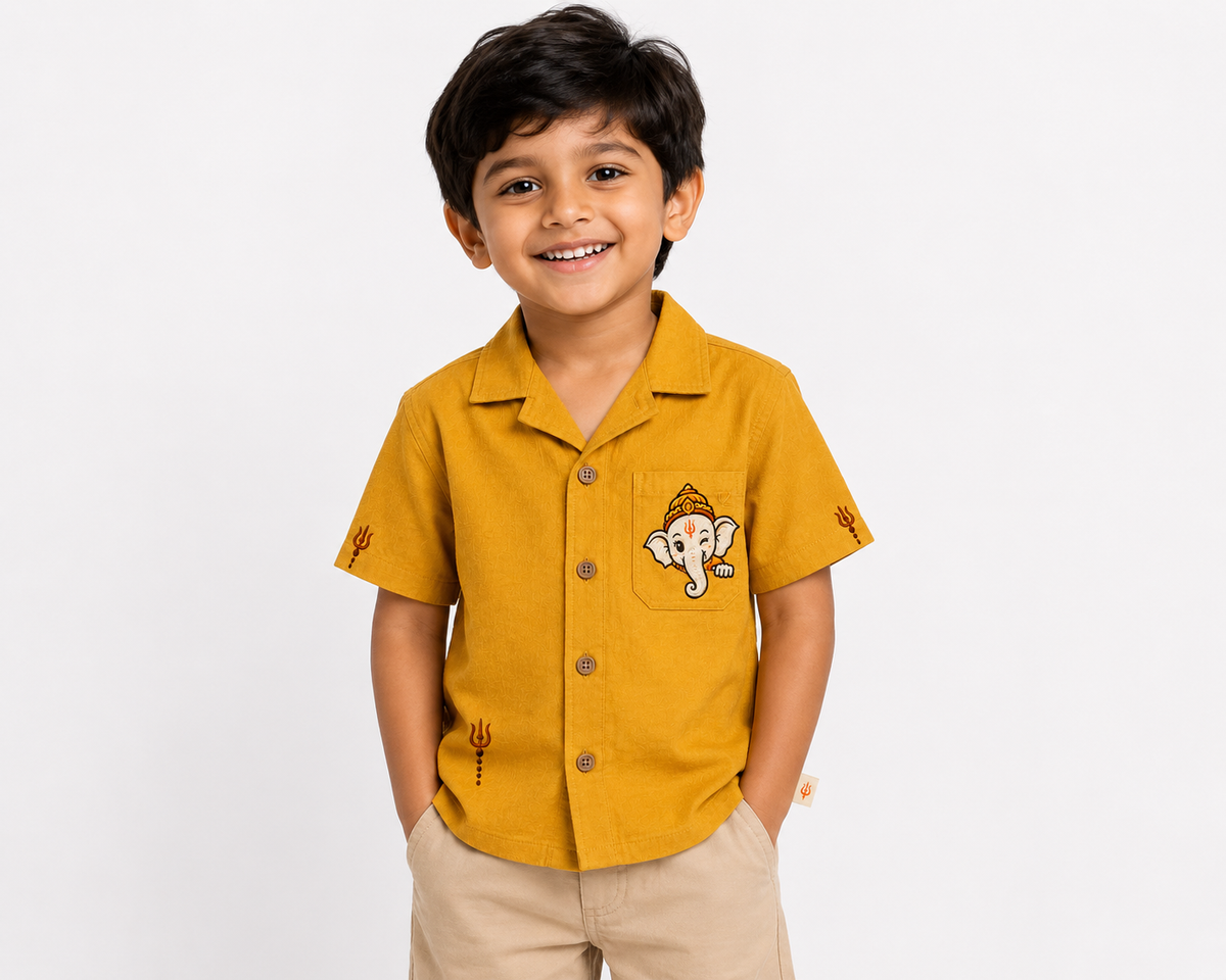 Bestseller Boys Mustard Yellow Embroidered Ganpati Cotton Shirt