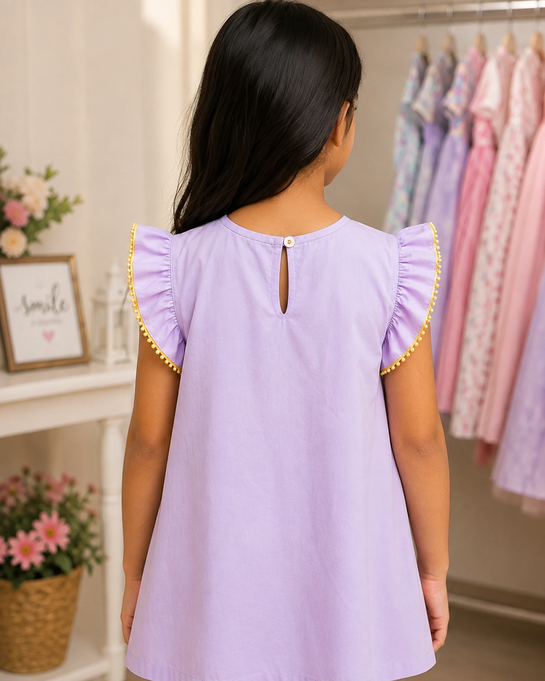 Girls Lavender Cotton Embroidered Dress with Ruffle Sleeves