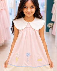 Girls Premium Cotton Pink A-Line Dress with Peter Pan Collar & Embroidery
