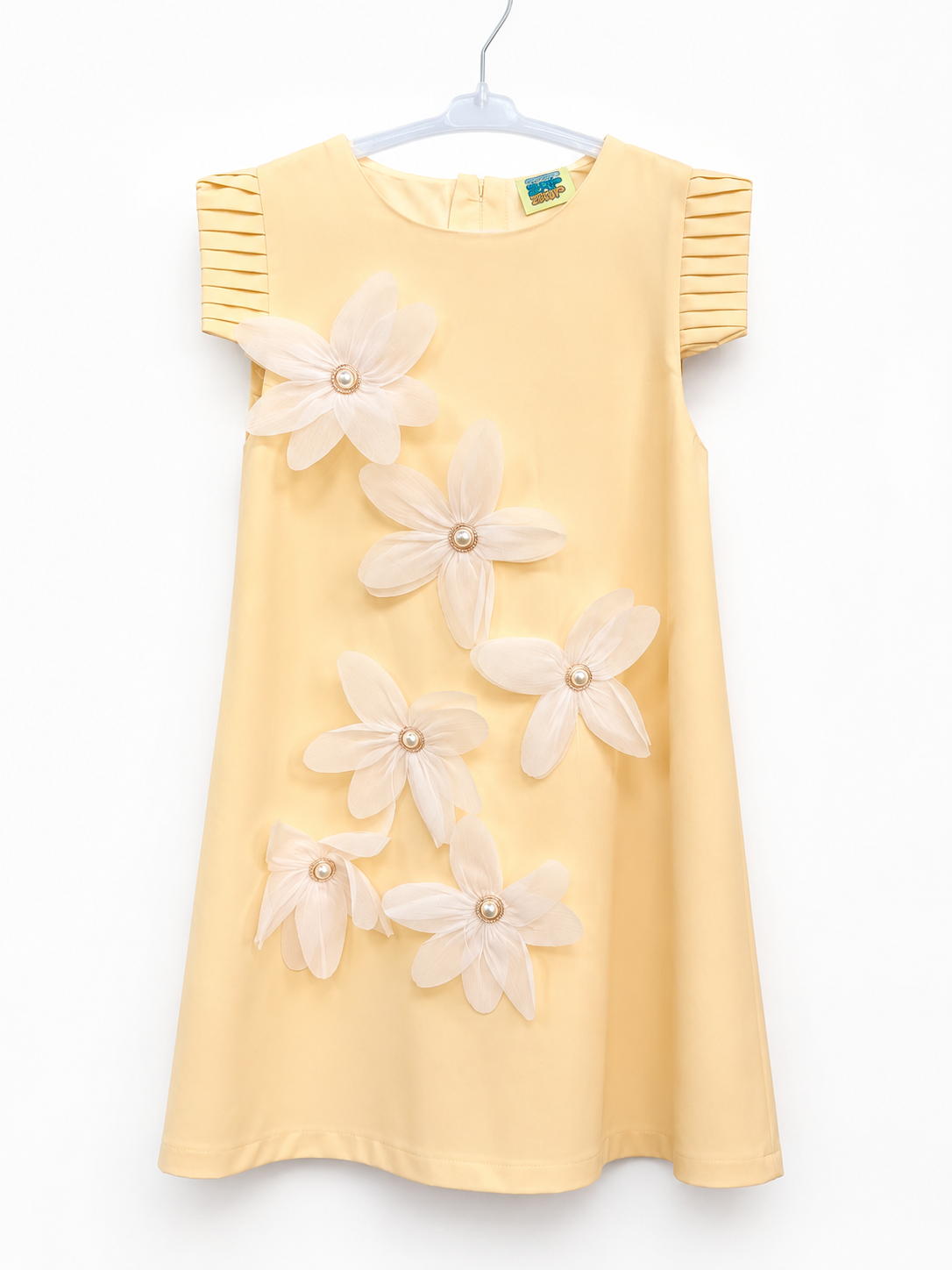 Girls Soft Pink A-Line Dress with Pearl Floral Embellishments