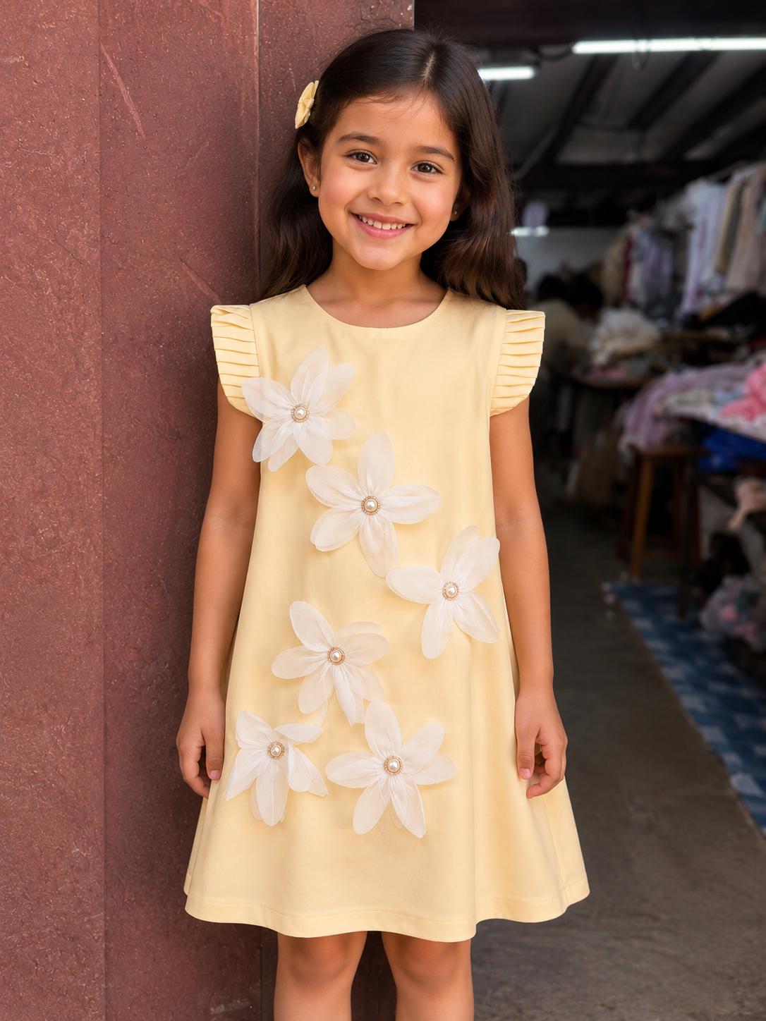 Girls Soft Pink A-Line Dress with Pearl Floral Embellishments