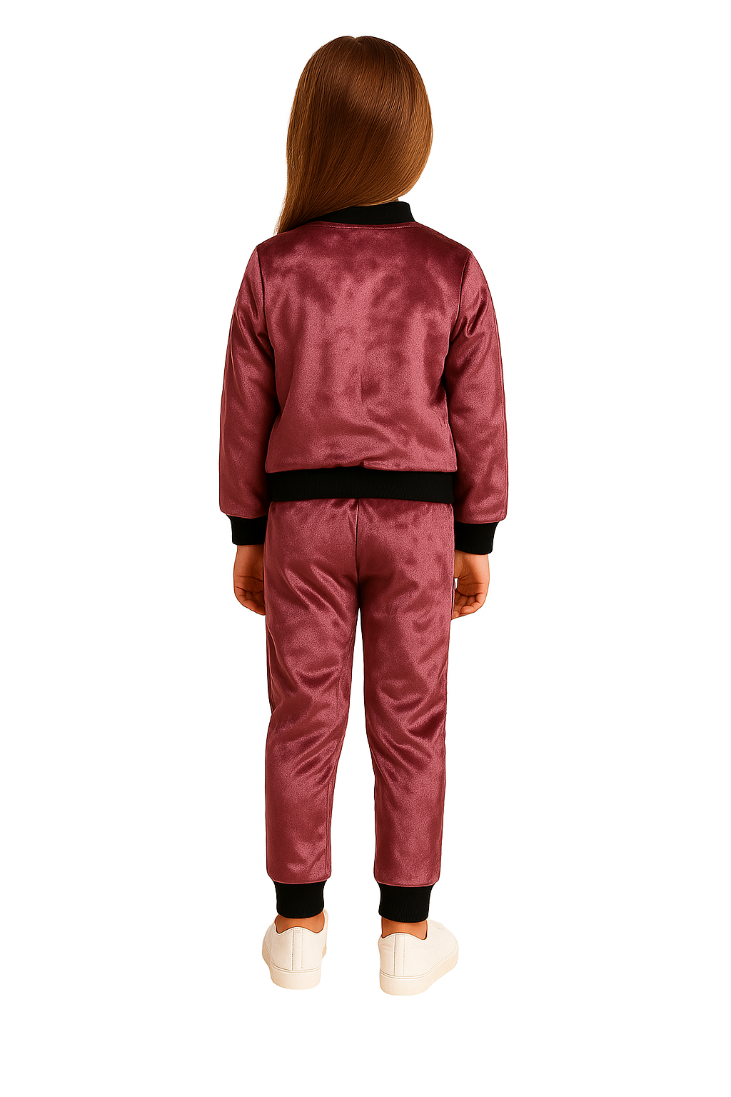 Girls Velvet Pink Jacket and Pant with Black Ribbed Borders