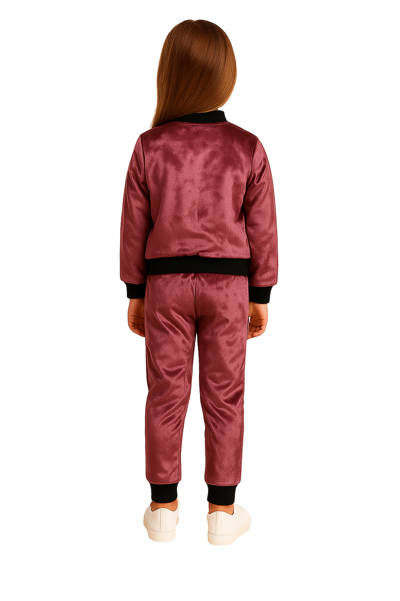 Girls Velvet Pink Jacket and Pant with Black Ribbed Borders
