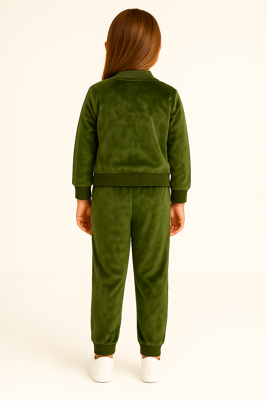 Girls Velvet Green Jacket and Pant with Ribbed Borders