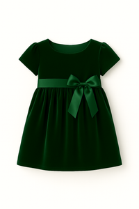 Girls Festive Green Velvet Dress with Bow Detail
