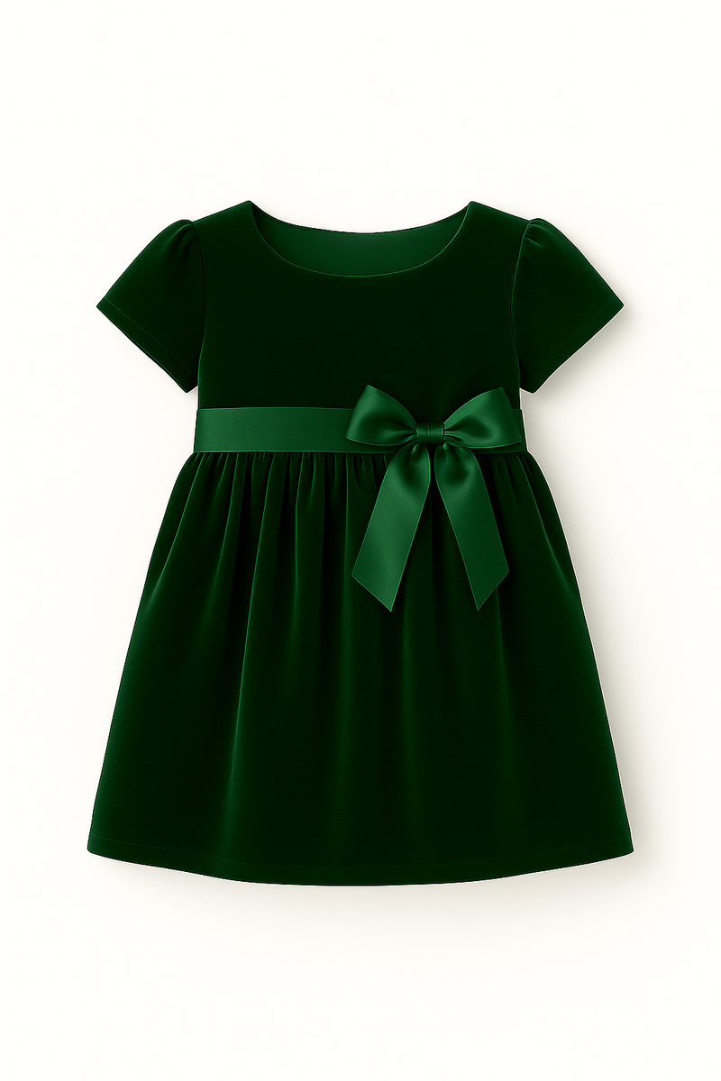 Girls Festive Green Velvet Dress with Bow Detail