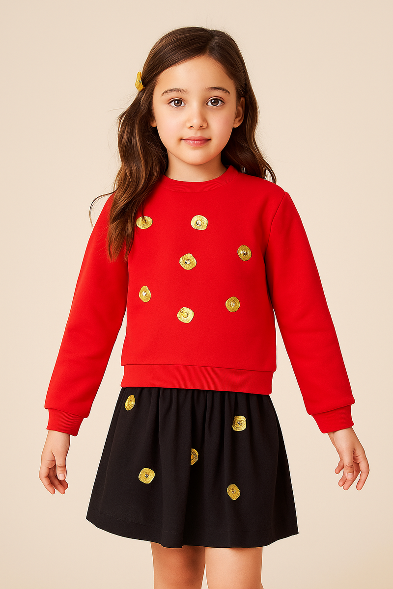 Cute Golden Sequin Red Cotton Knitted Sweatshirt
