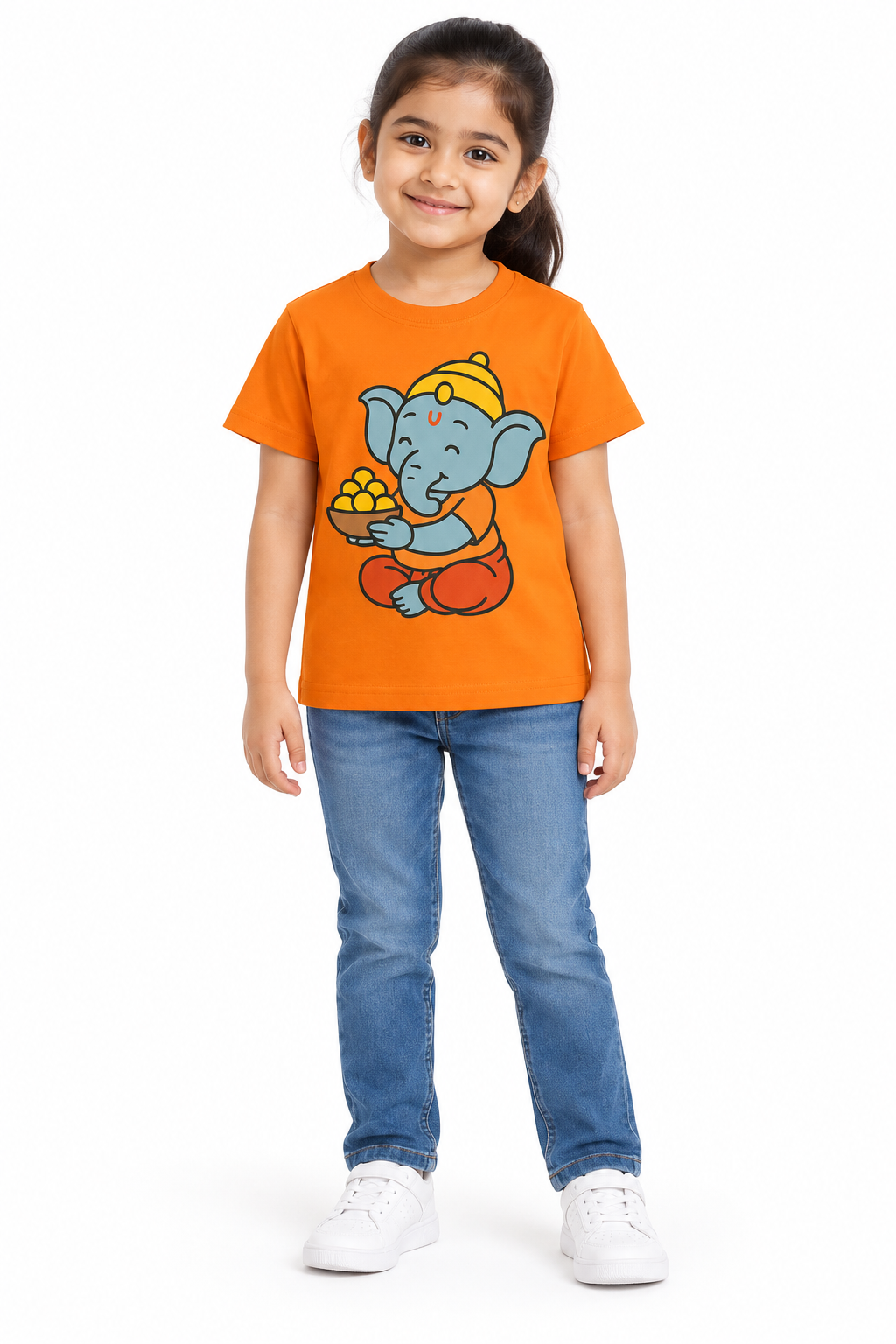 Girls And Boys Ganpati Print Orange T-Shirt