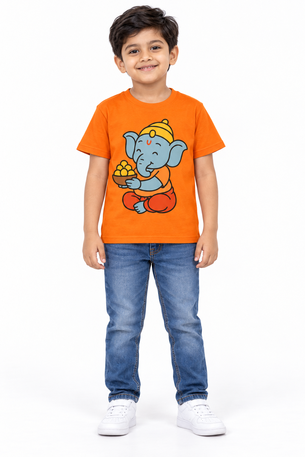 Girls And Boys Ganpati Print Orange T-Shirt