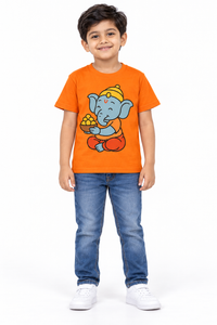 Girls And Boys Ganpati Print Orange T-Shirt