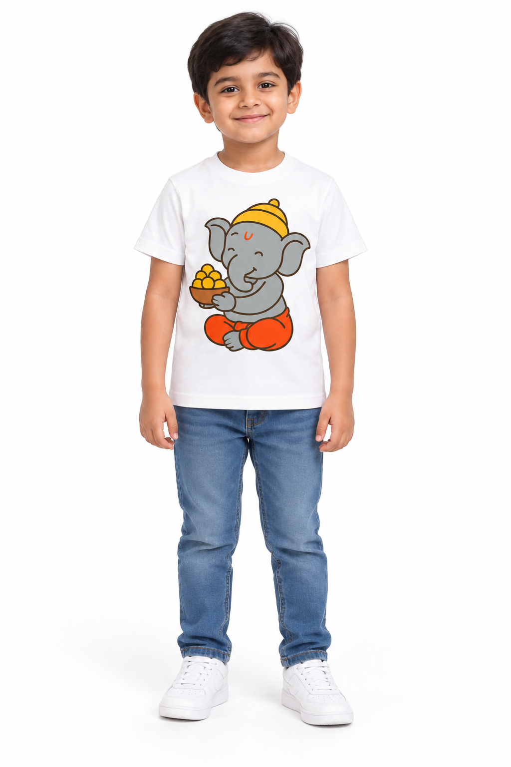 Girls And Boys Ganpati Print White T-Shirt